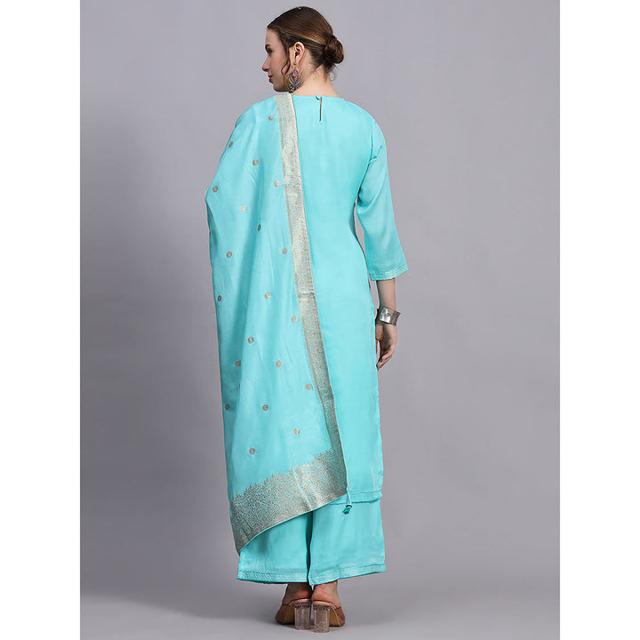 Odette Turquoise Viscose Embroidered Stitched Kurta with Palazzos & Dupatta (Set of 3)