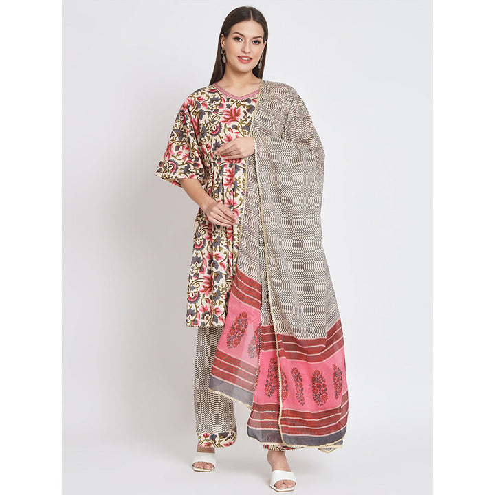 Odette Multi-Colour Cotton Floral Printed Stitched Kurta with Pant & Dupatta (Set of 3)