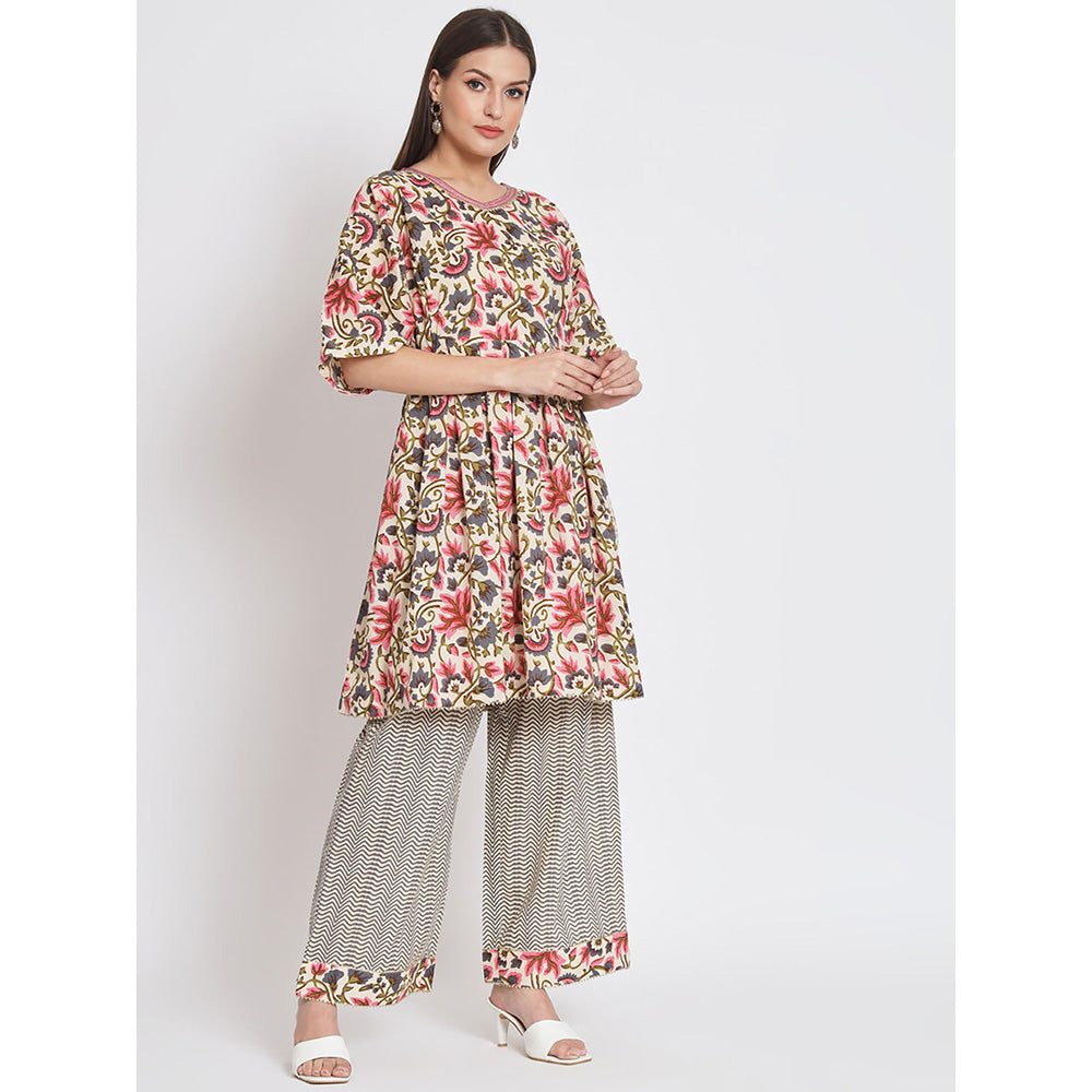 Odette Multi-Colour Cotton Floral Printed Stitched Kurta with Pant & Dupatta (Set of 3)