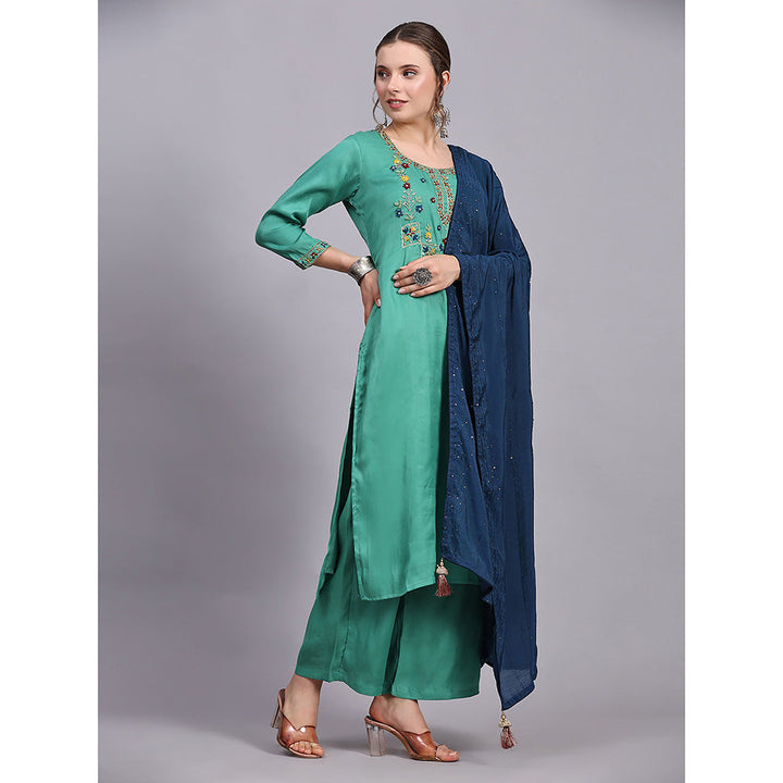 Odette Green Viscose Embroidered Stitched Kurta with Palazzo & Dupatta (Set of 3)