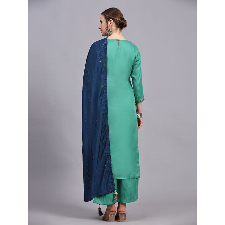 Odette Green Viscose Embroidered Stitched Kurta with Palazzo & Dupatta (Set of 3)