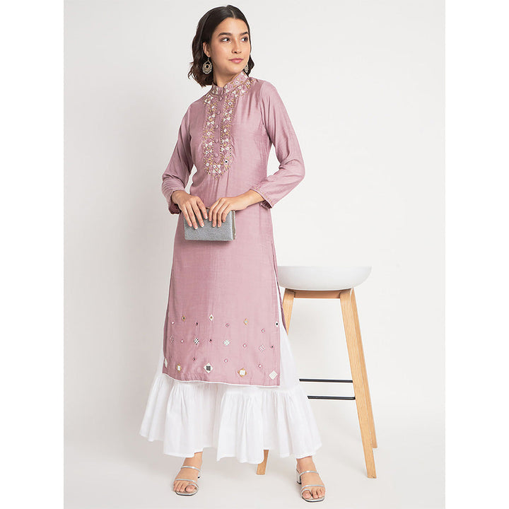 Odette Peach Viscose Embroidered Stitched Kurta with Palazzo (Set of 2)