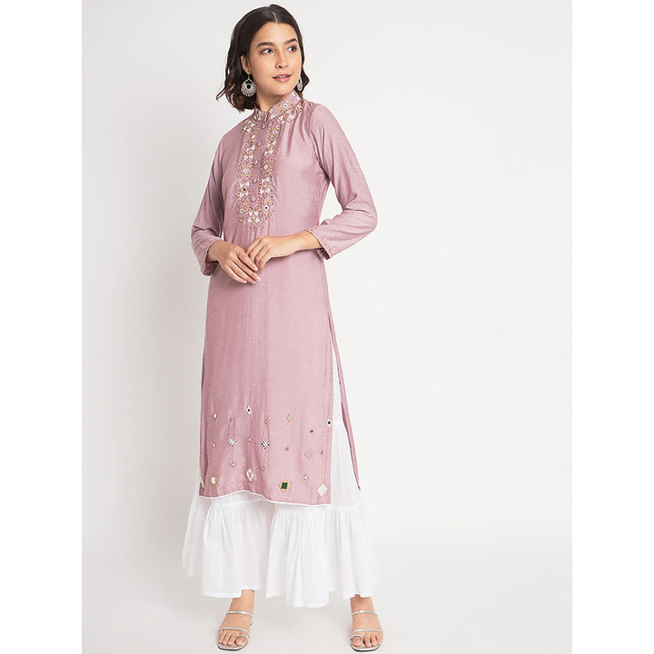 Odette Peach Viscose Embroidered Stitched Kurta with Palazzo (Set of 2)