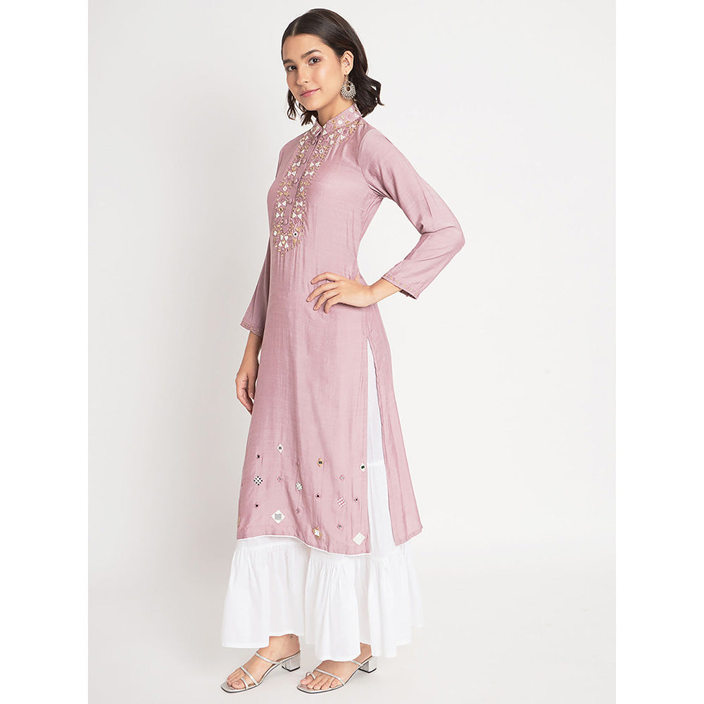 Odette Peach Viscose Embroidered Stitched Kurta with Palazzo (Set of 2)