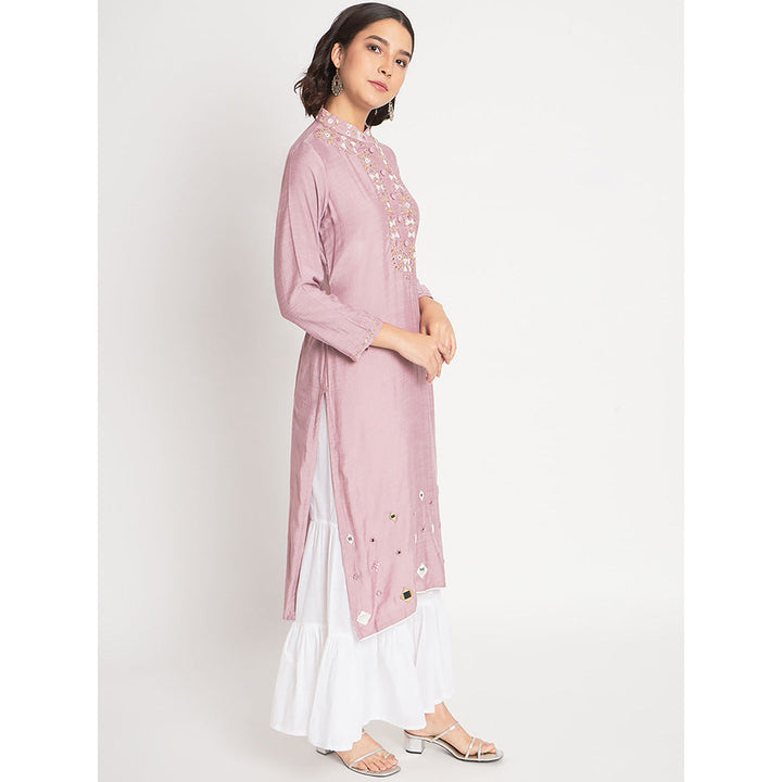 Odette Peach Viscose Embroidered Stitched Kurta with Palazzo (Set of 2)