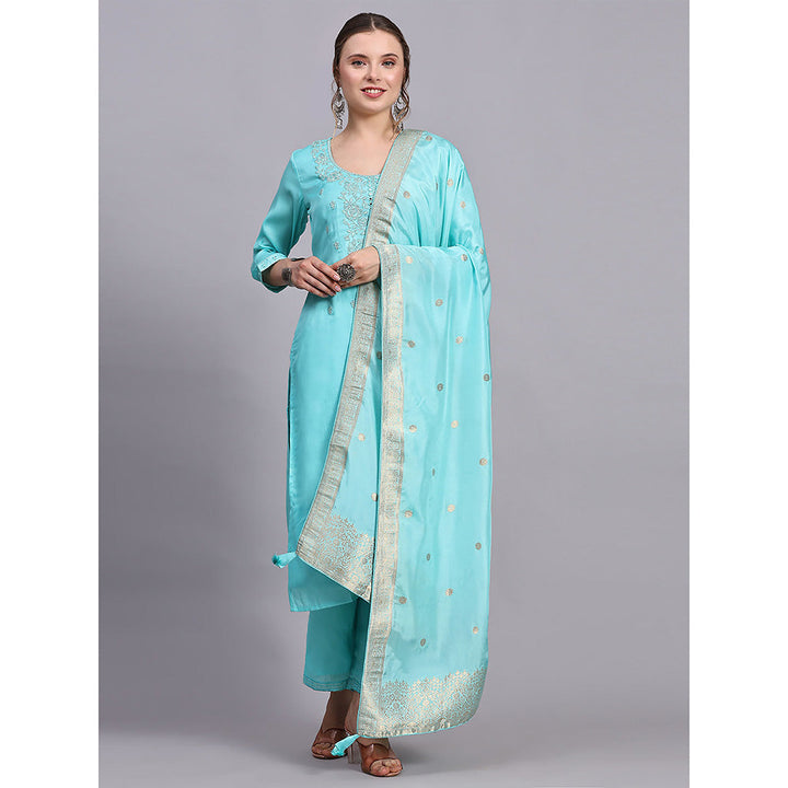 Odette Turquoise Viscose Embroidered Stitched Kurta with Palazzo & Dupatta (Set of 3)