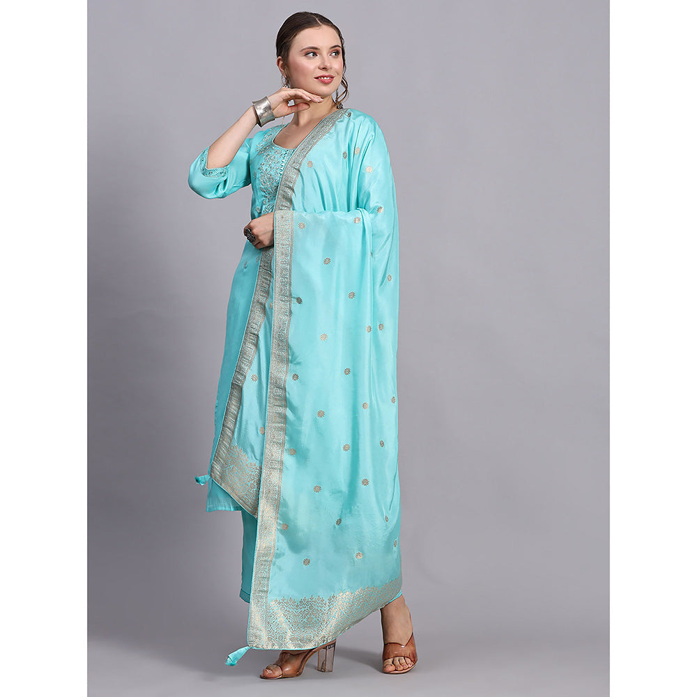 Odette Turquoise Viscose Embroidered Stitched Kurta with Palazzo & Dupatta (Set of 3)