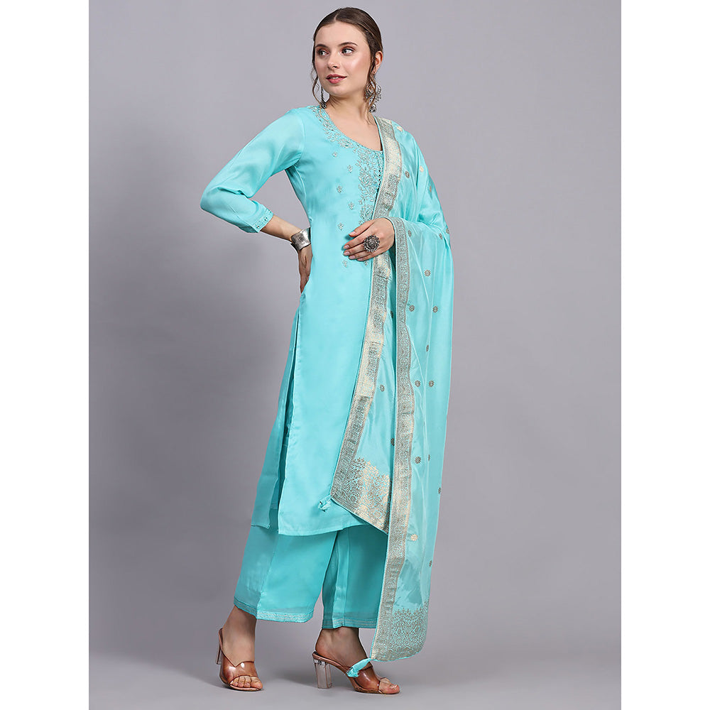 Odette Turquoise Viscose Embroidered Stitched Kurta with Palazzo & Dupatta (Set of 3)