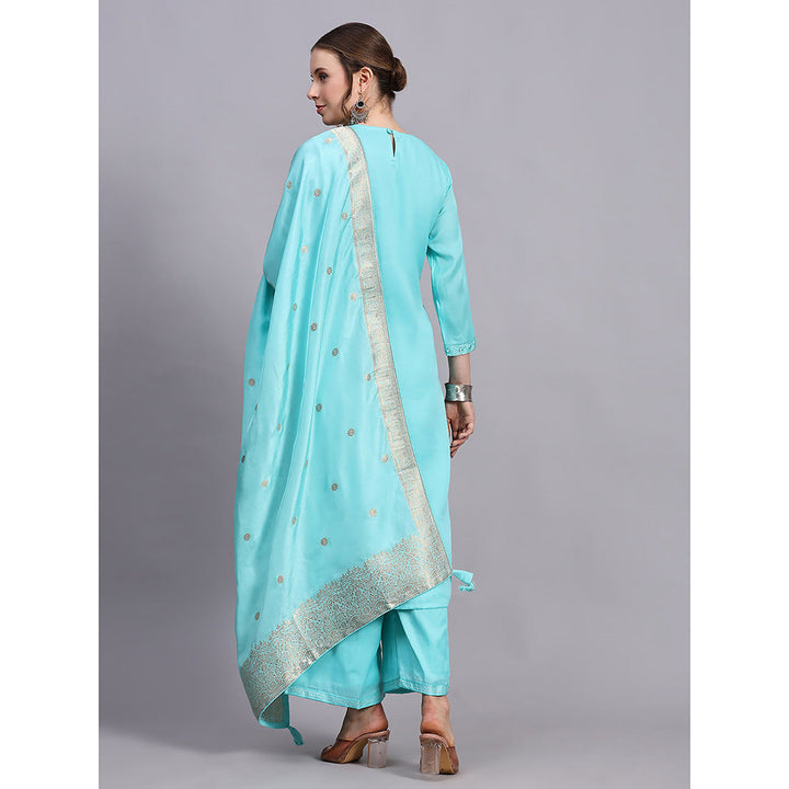 Odette Turquoise Viscose Embroidered Stitched Kurta with Palazzo & Dupatta (Set of 3)