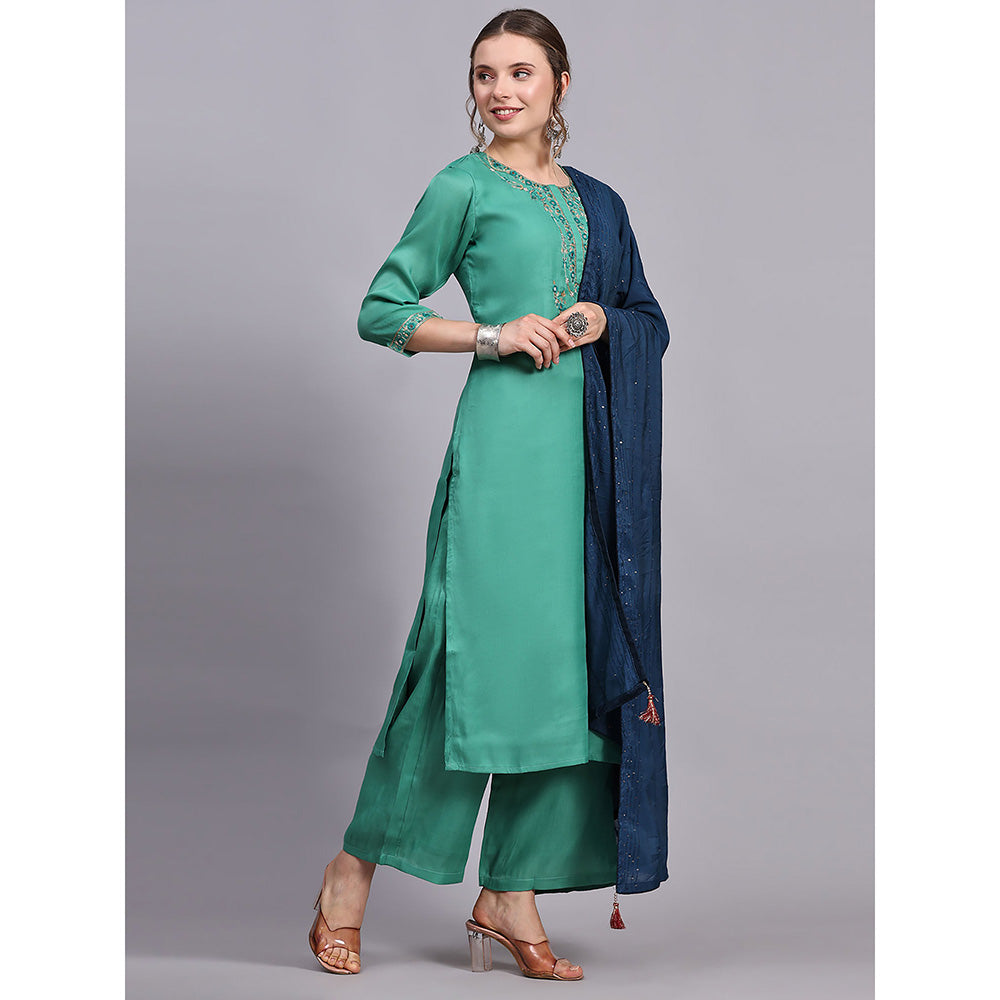 Odette Green Viscose Embroidered Stitched Kurta with Palazzo & Dupatta (Set of 3)