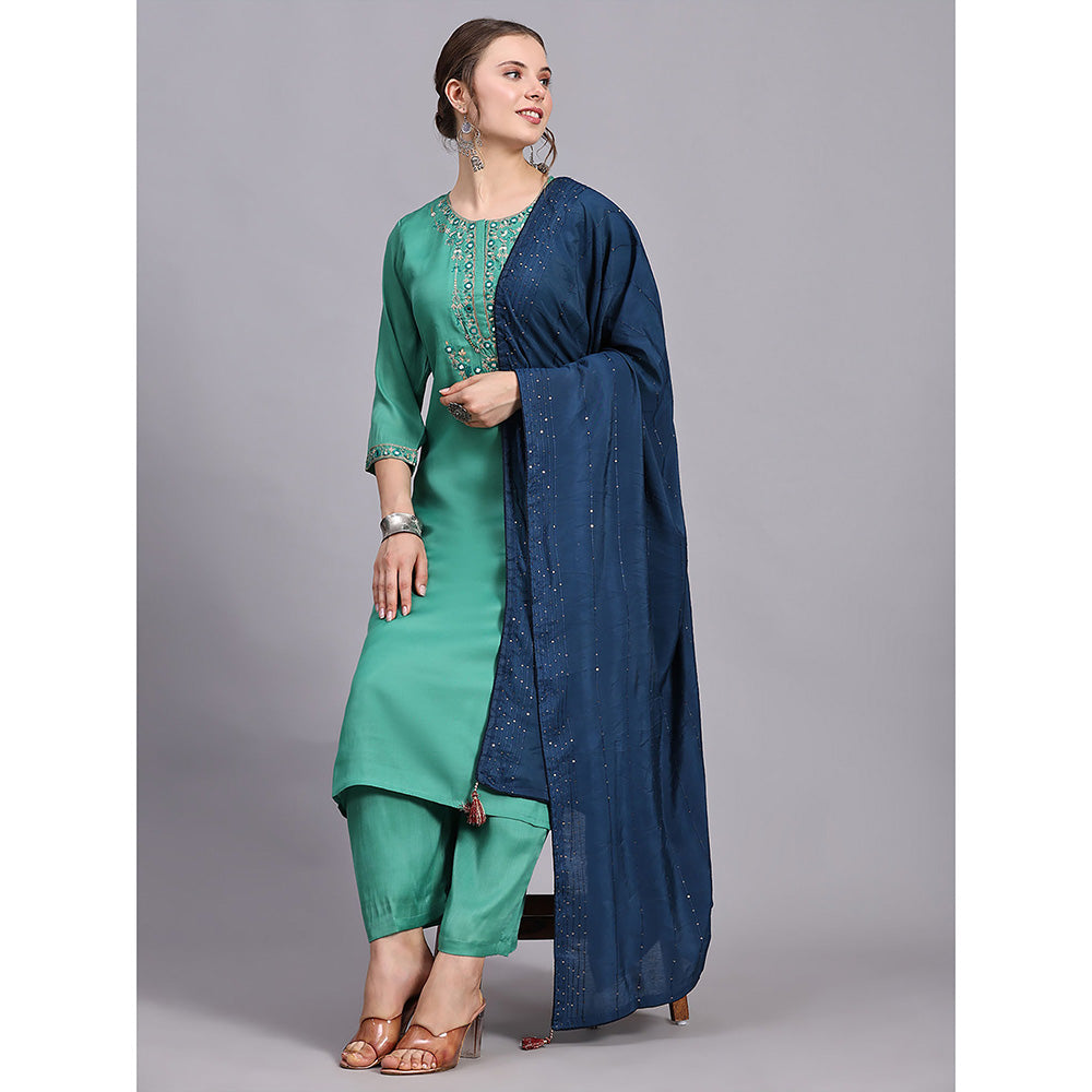 Odette Green Viscose Embroidered Stitched Kurta with Palazzo & Dupatta (Set of 3)