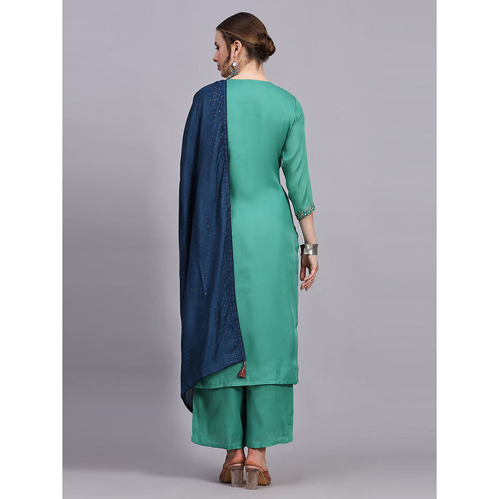 Odette Green Viscose Embroidered Stitched Kurta with Palazzo & Dupatta (Set of 3)