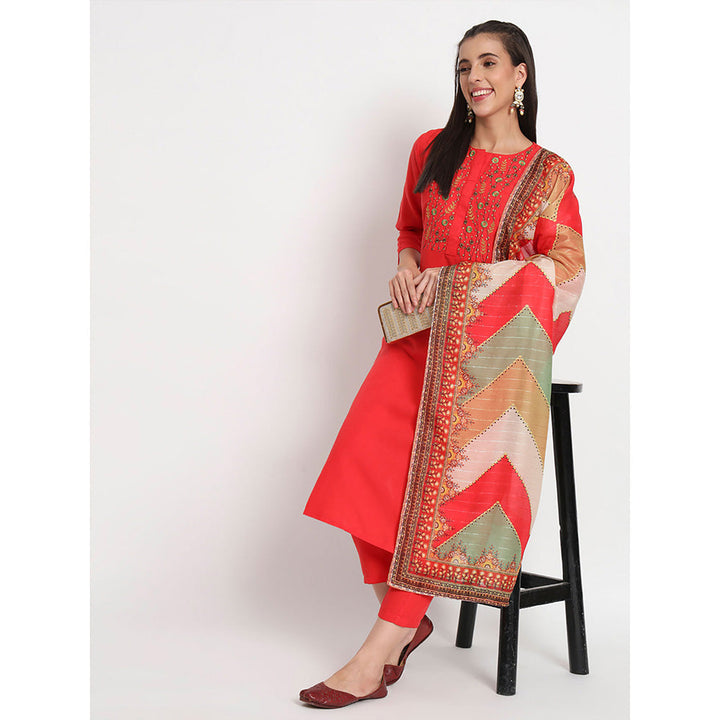 Odette Red Magic Cotton Floral Printed Stitched Kurta with Pant & Dupatta (Set of 3)