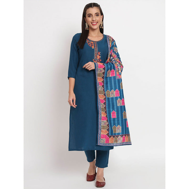 Odette Blue Viscose Embroidered Stitched Kurta with Pant & Dupatta (Set of 3)