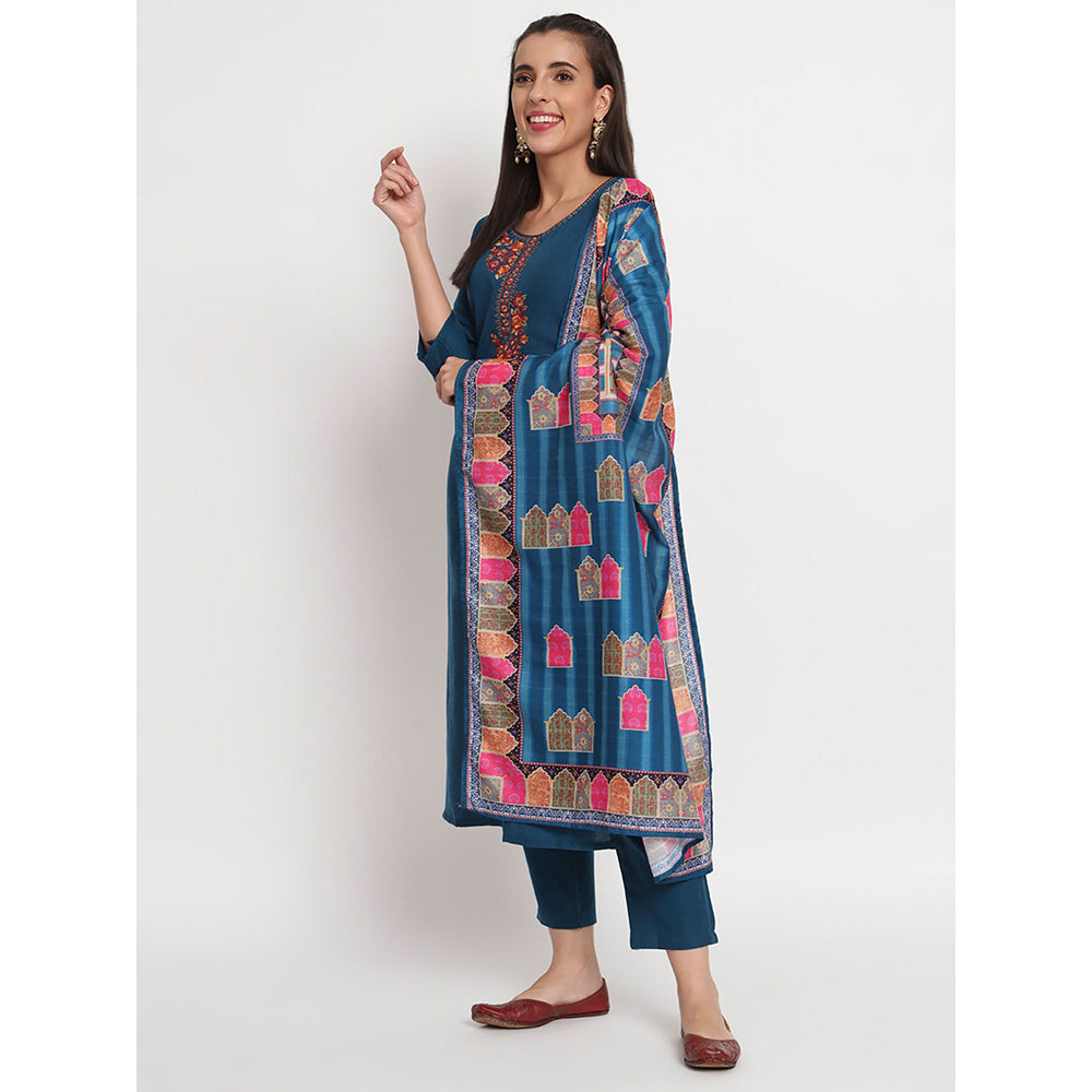 Odette Blue Viscose Embroidered Stitched Kurta with Pant & Dupatta (Set of 3)