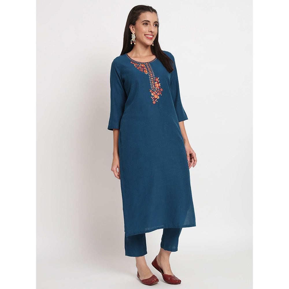 Odette Blue Viscose Embroidered Stitched Kurta with Pant & Dupatta (Set of 3)