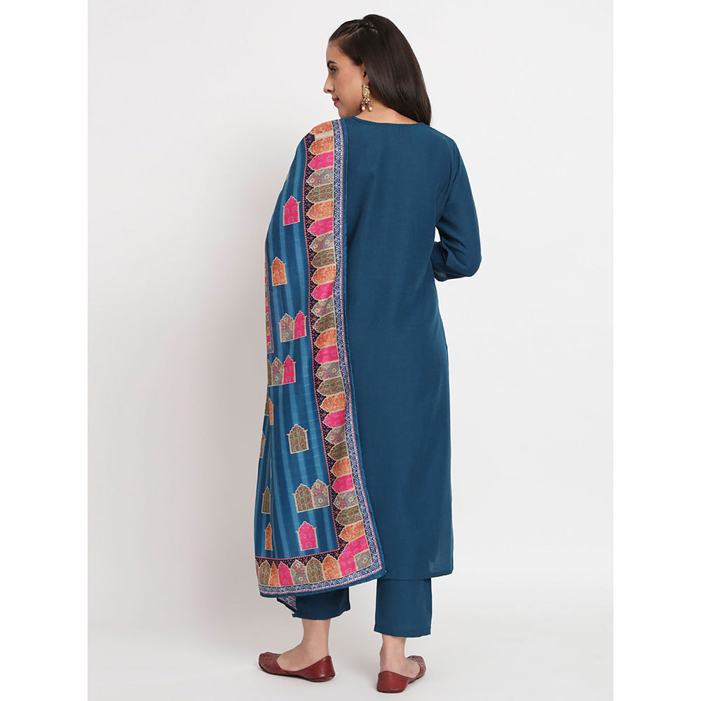 Odette Blue Viscose Embroidered Stitched Kurta with Pant & Dupatta (Set of 3)