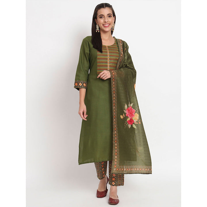 Odette Green Magic Cotton Embroidered Stitched Kurta with Pant & Dupatta (Set of 3)