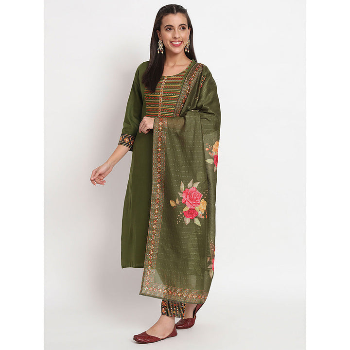 Odette Green Magic Cotton Embroidered Stitched Kurta with Pant & Dupatta (Set of 3)