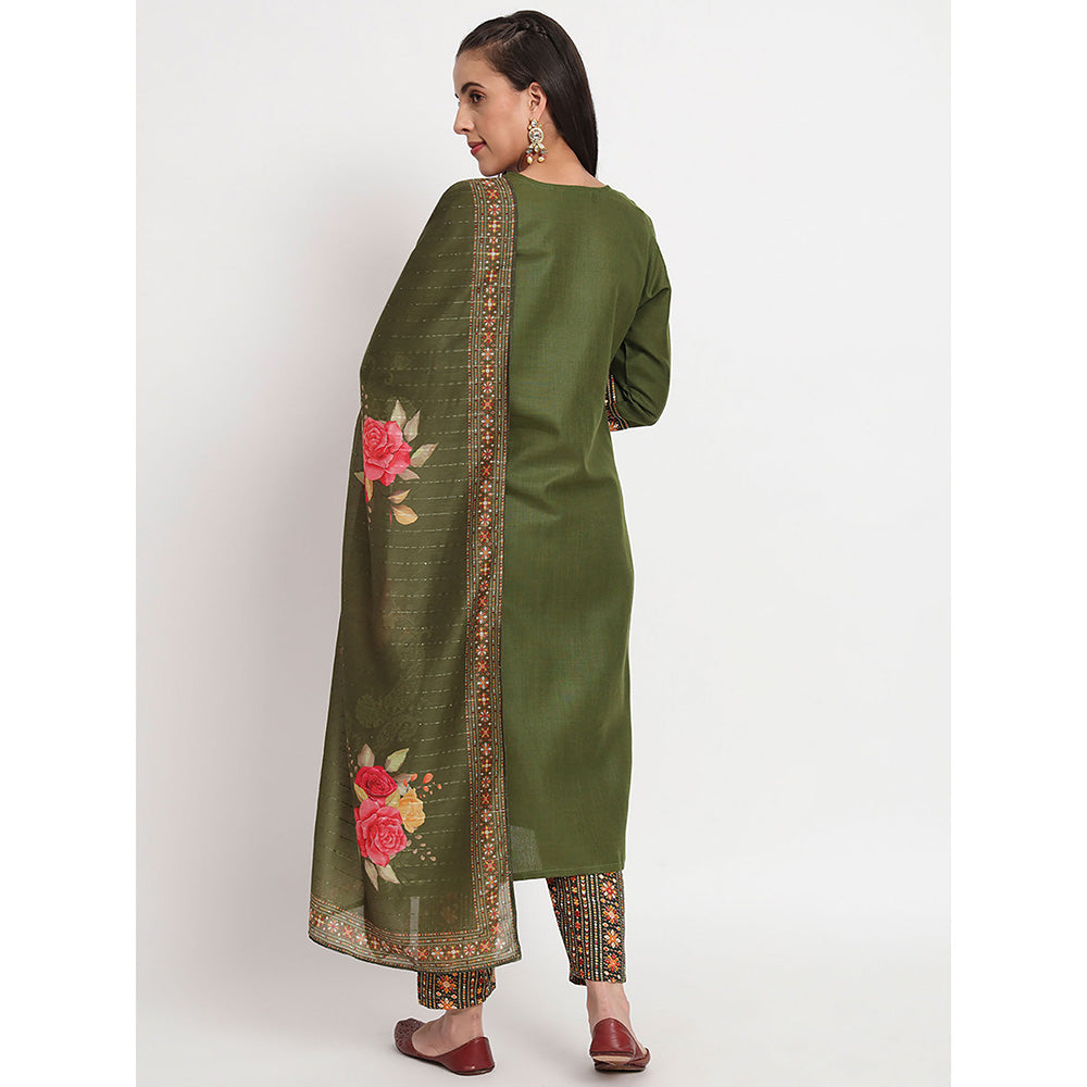 Odette Green Magic Cotton Embroidered Stitched Kurta with Pant & Dupatta (Set of 3)