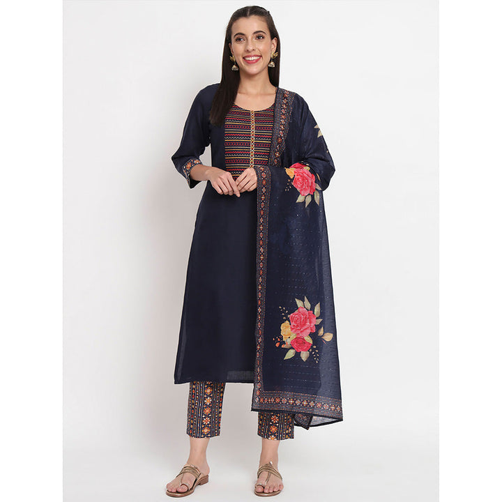 Odette Blue Magic Cotton Embroidered Stitched Kurta with Pant & Dupatta (Set of 3)