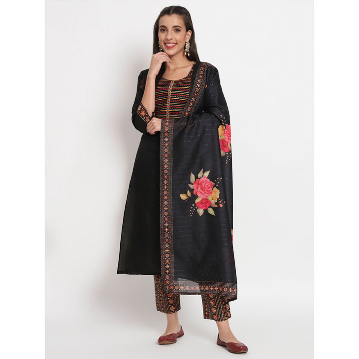 Odette Black Magic Cotton Embroidered Stitched Kurta with Pant & Dupatta (Set of 3)