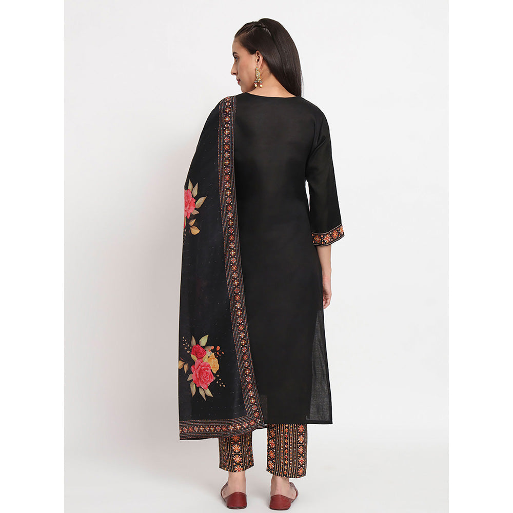 Odette Black Magic Cotton Embroidered Stitched Kurta with Pant & Dupatta (Set of 3)