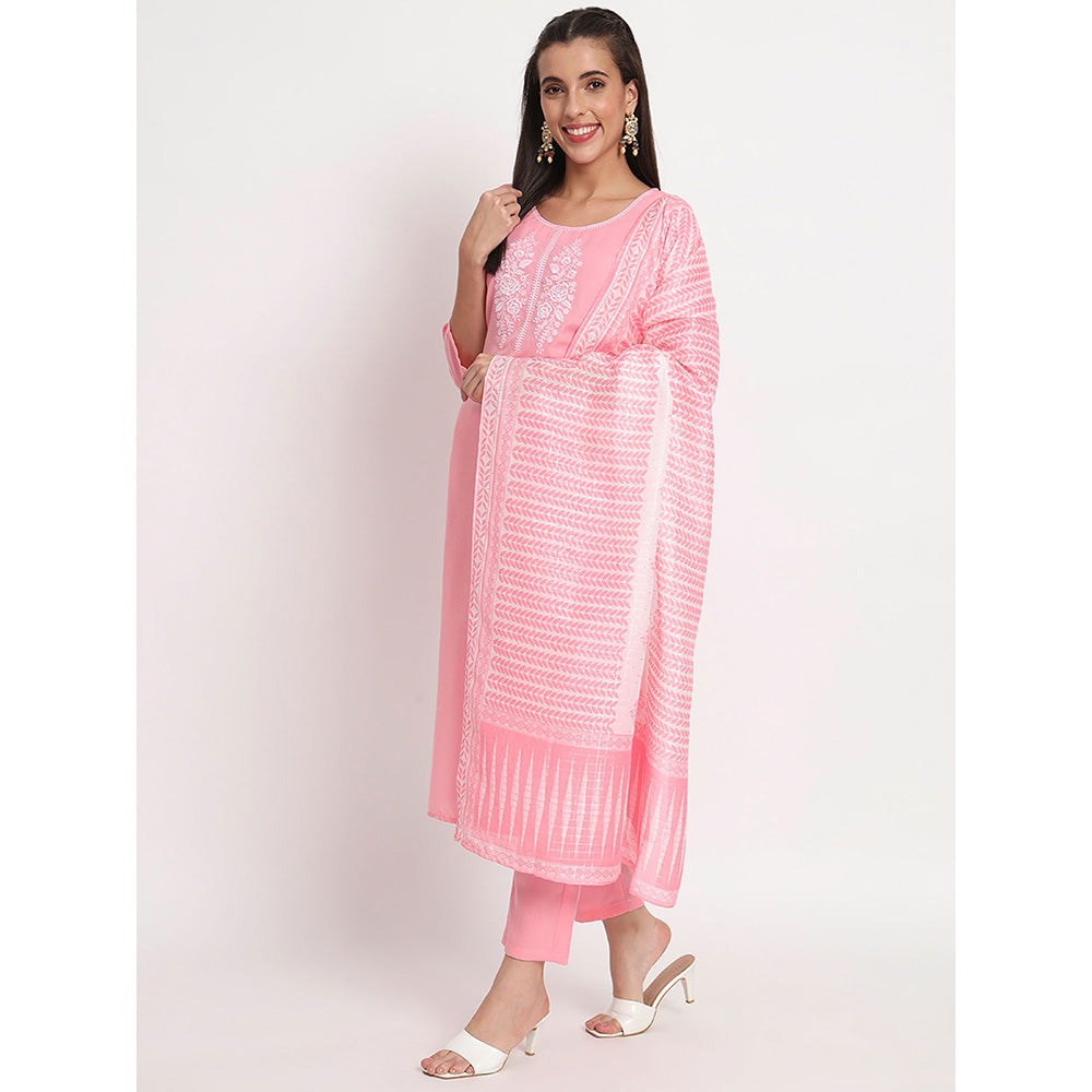 Odette Pink Magic Cotton Embroidered Stitched Kurta with Pant & Dupatta (Set of 3)