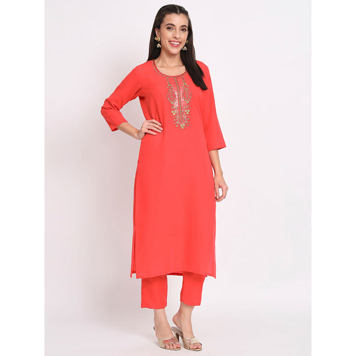 Odette Red Magic Cotton Embroidered Stitched Kurta with Pant & Dupatta (Set of 3)