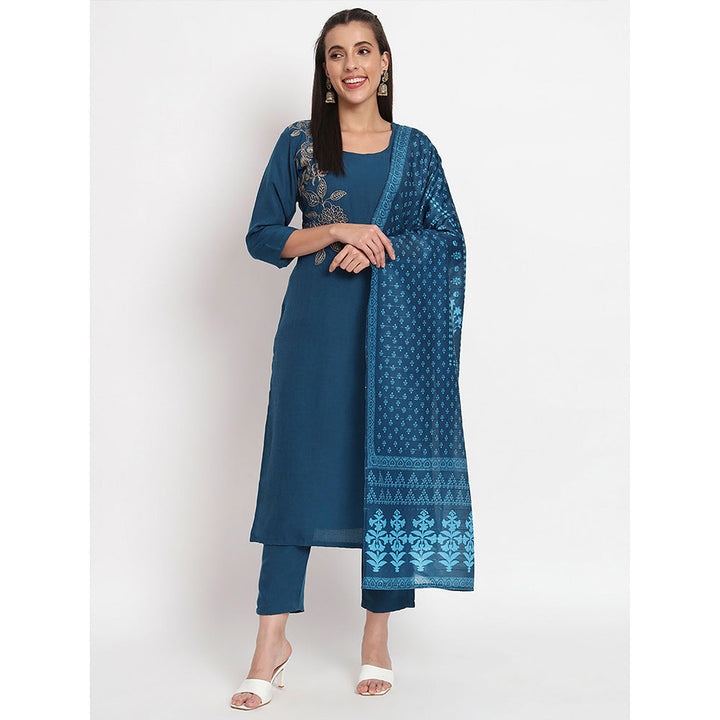 Odette Blue Magic Cotton Embroidered Stitched Kurta with Pant & Dupatta (Set of 3)