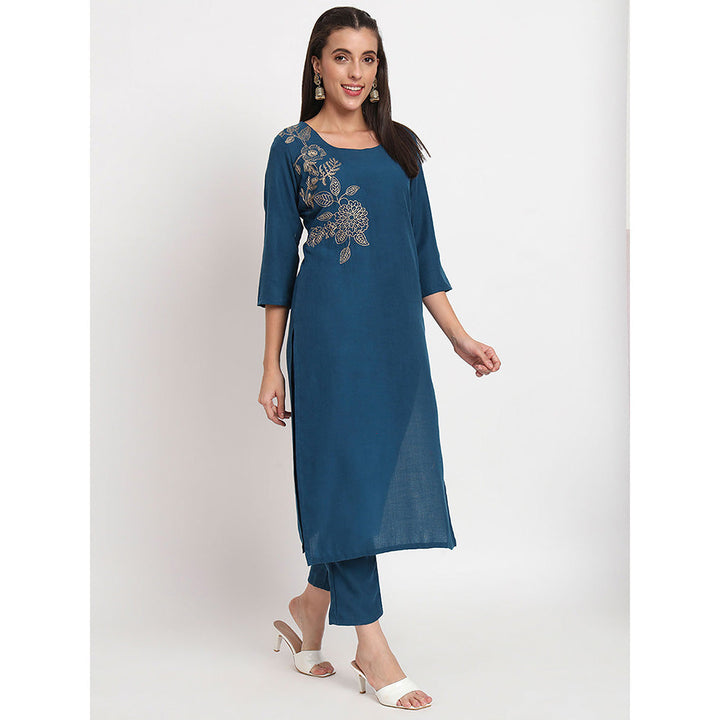 Odette Blue Magic Cotton Embroidered Stitched Kurta with Pant & Dupatta (Set of 3)