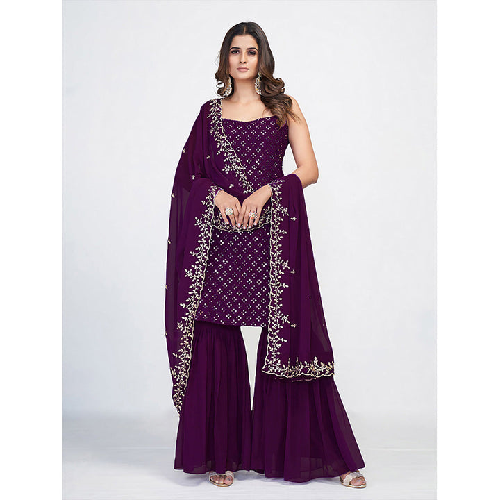 Odette Purple Georgette Mirror Work Kurta with Pant & Dupatta (Set of 3)