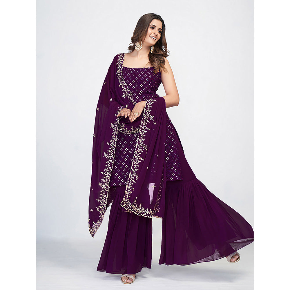 Odette Purple Georgette Mirror Work Kurta with Pant & Dupatta (Set of 3)