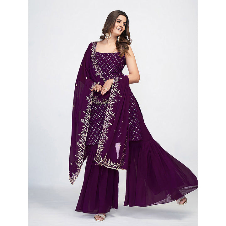 Odette Purple Georgette Mirror Work Kurta with Pant & Dupatta (Set of 3)