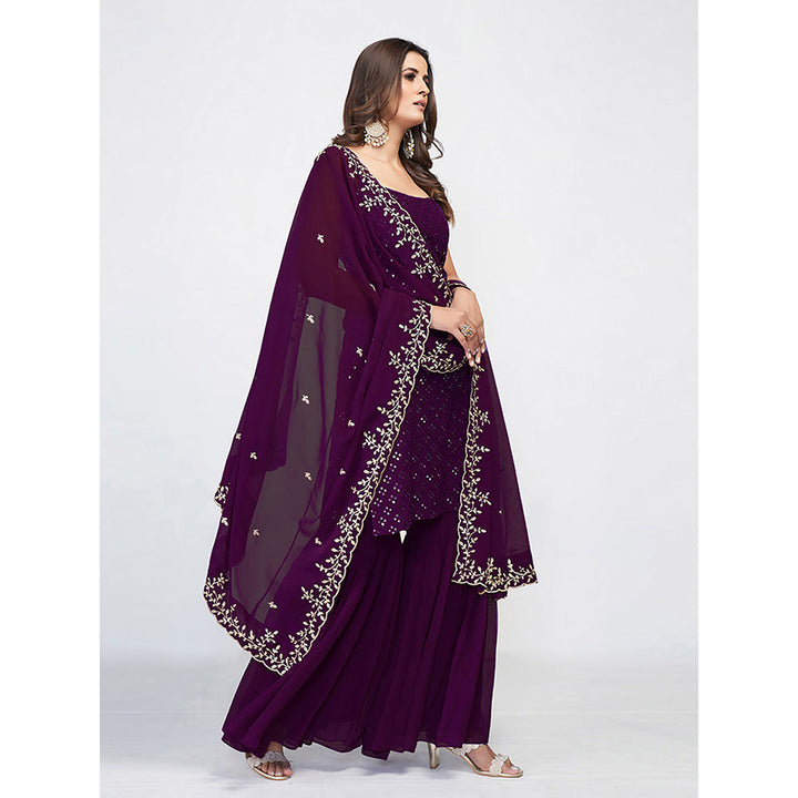 Odette Purple Georgette Mirror Work Kurta with Pant & Dupatta (Set of 3)