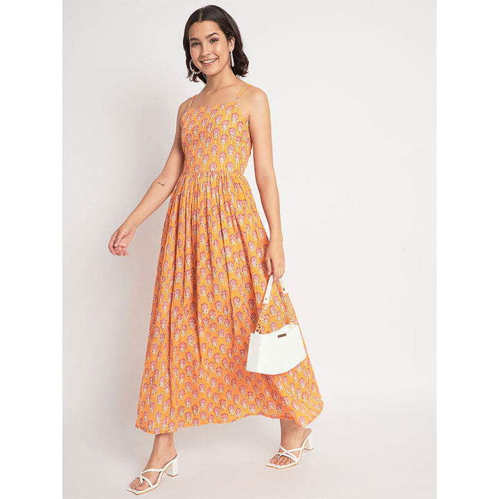 Odette Orange Cotton Printed Stitched Maxi Dress