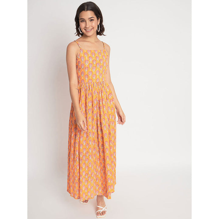 Odette Orange Cotton Printed Stitched Maxi Dress