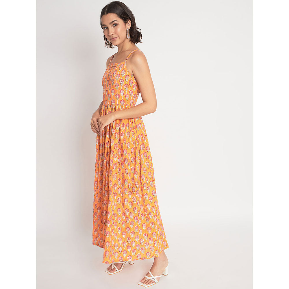 Odette Orange Cotton Printed Stitched Maxi Dress