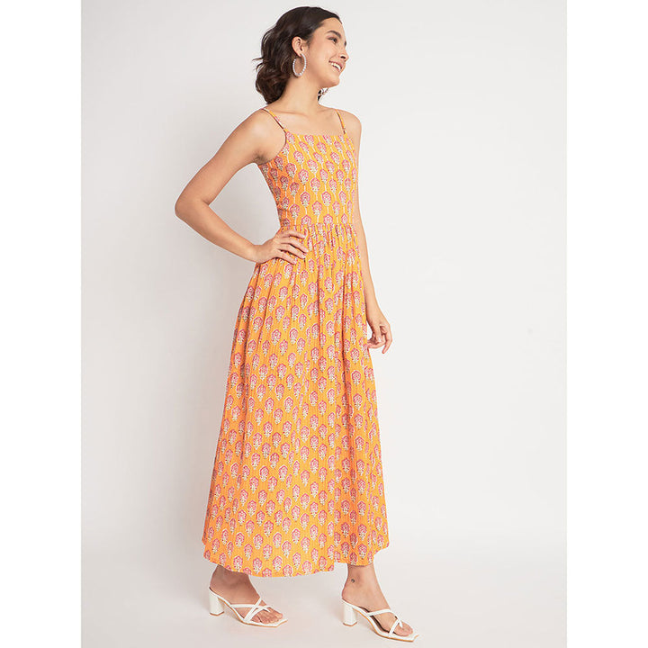 Odette Orange Cotton Printed Stitched Maxi Dress