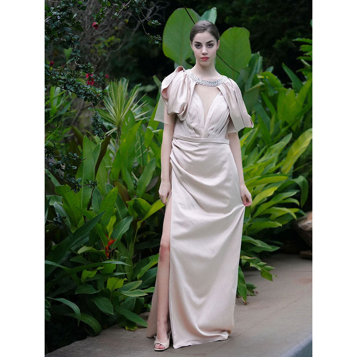 Odette Beige Satin Embellished Dress