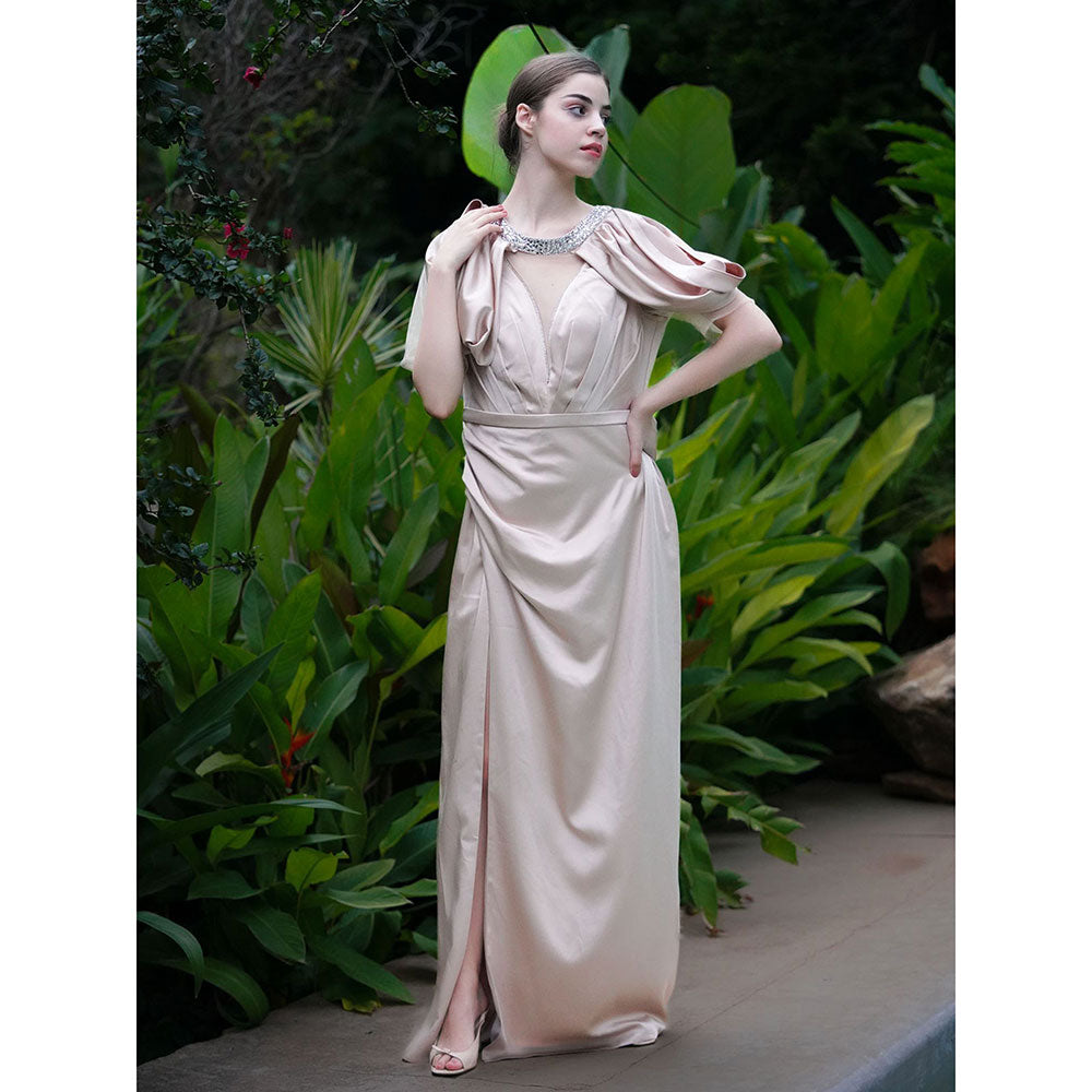 Odette Beige Satin Embellished Dress