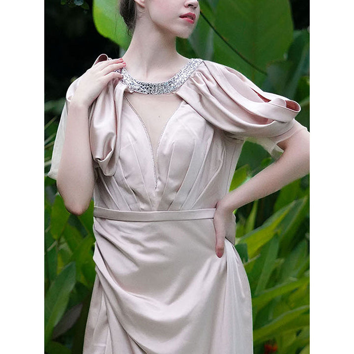 Odette Beige Satin Embellished Dress