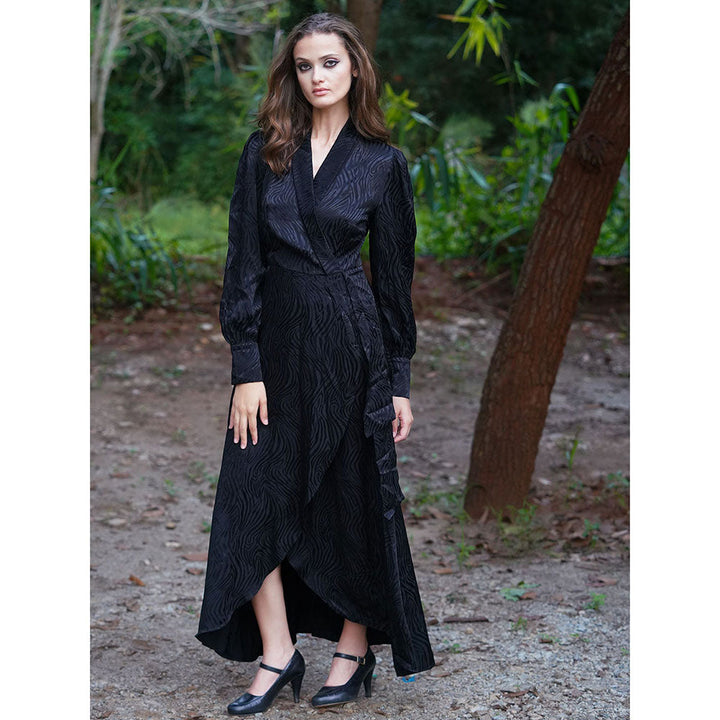 Odette Black Satin Overlap Self Design Dress