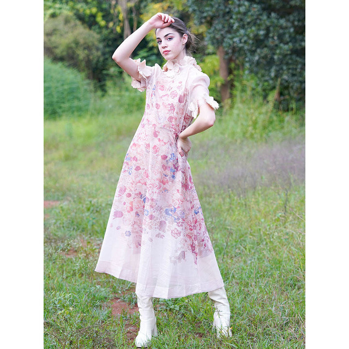 Odette Pink Printed Polyester Viol Long A-Line Dress