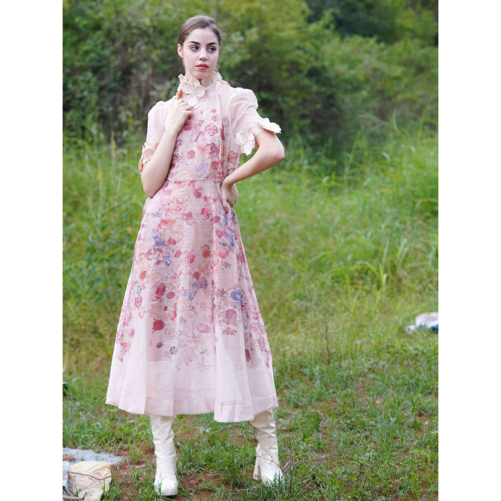 Odette Pink Printed Polyester Viol Long A-Line Dress