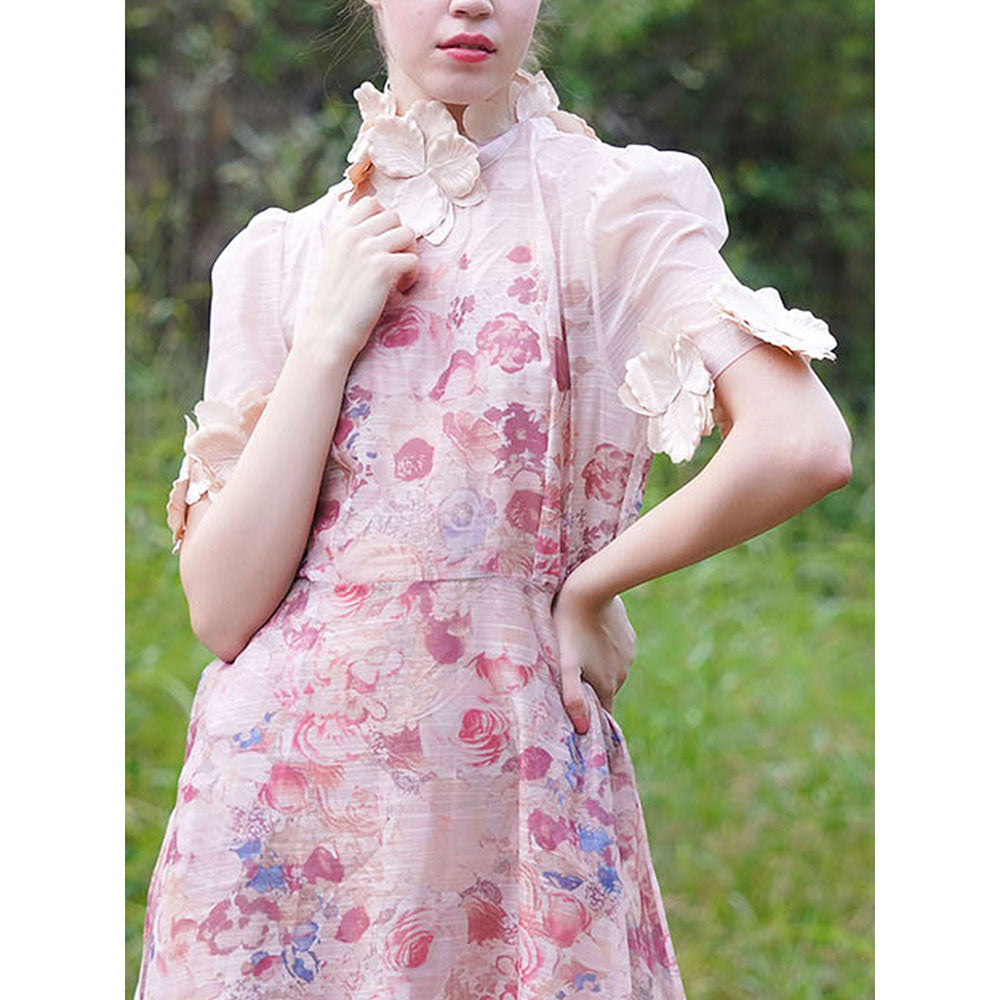 Odette Pink Printed Polyester Viol Long A-Line Dress