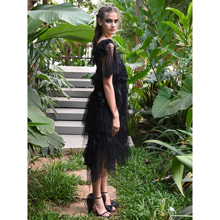 Odette Black Lace And Soft Net Partywear Dress