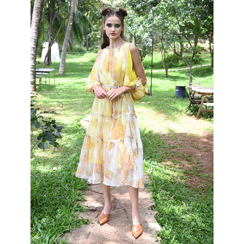 Odette Yellow Abstract Printed Long Dress (Set of 2)