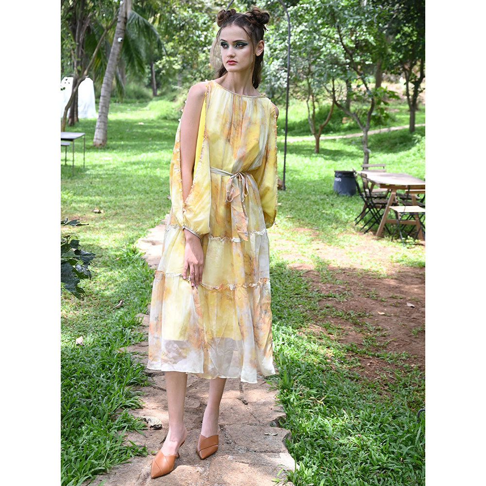 Odette Yellow Abstract Printed Long Dress (Set of 2)