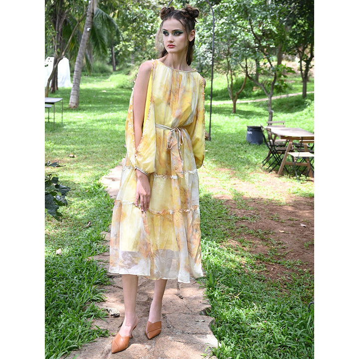 Odette Yellow Abstract Printed Long Dress (Set of 2)